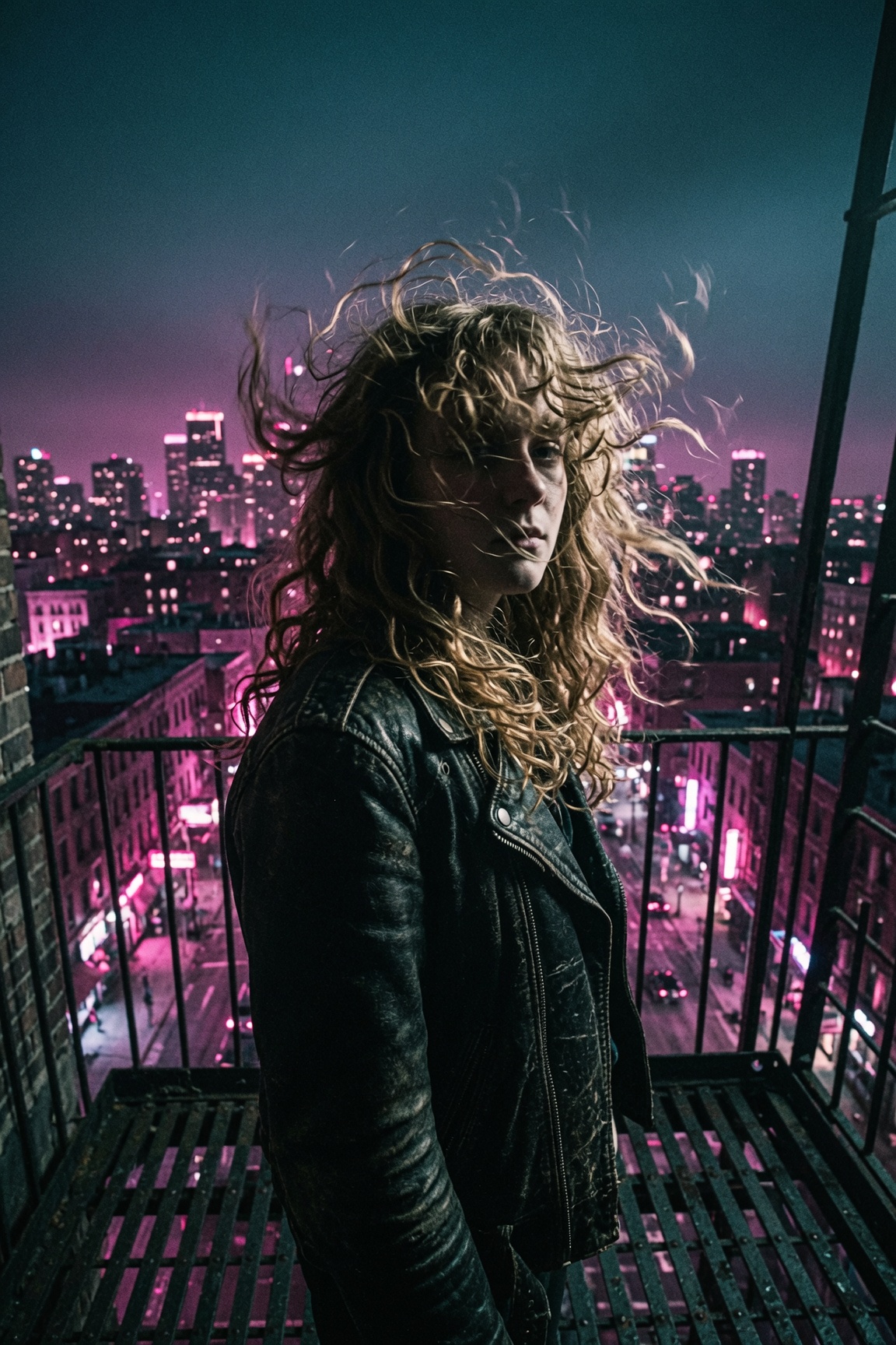 LI BLACK on a fire escape at night, city lights glowing pink and teal behind wind-blown hair