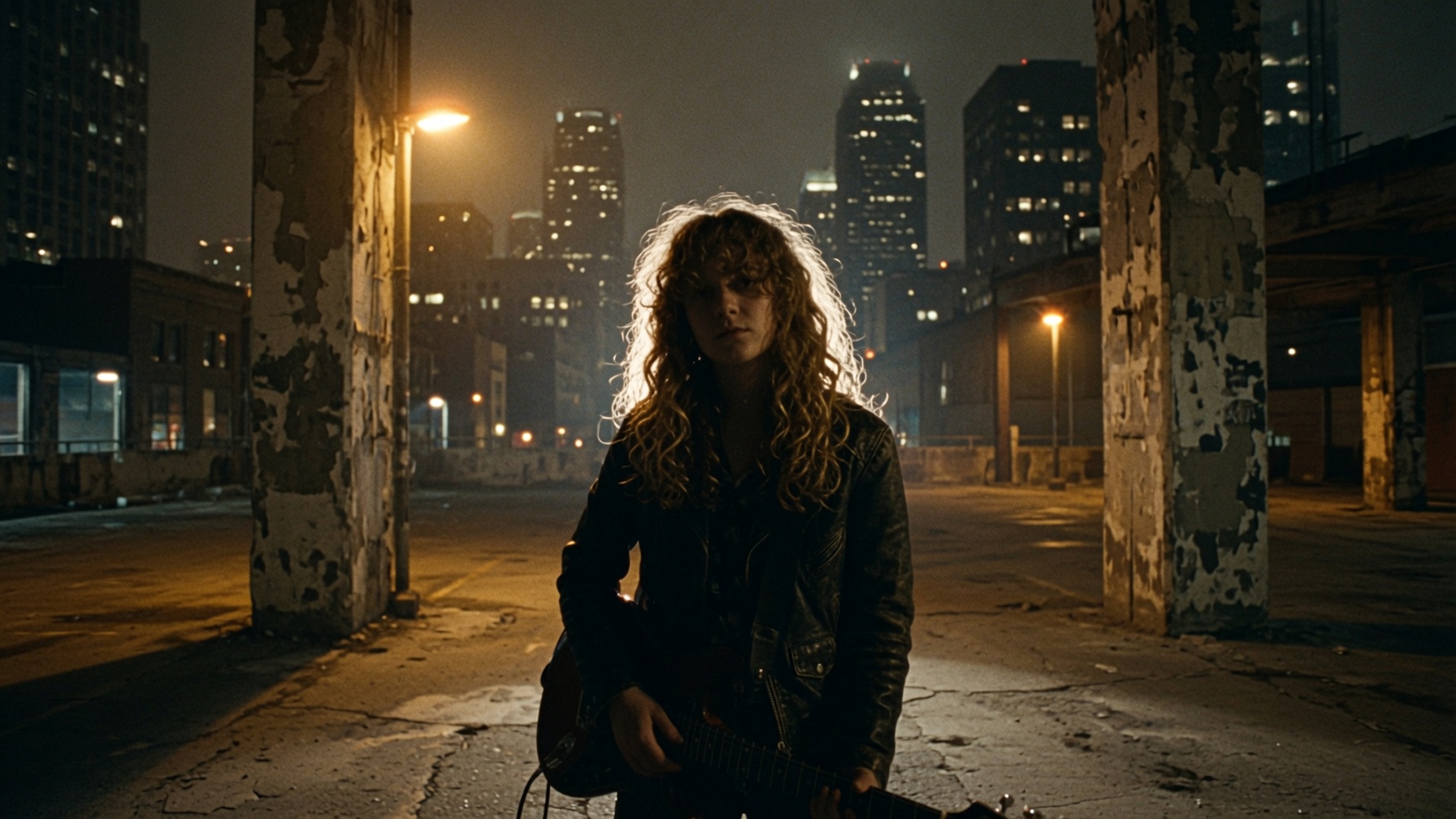 LI BLACK with electric guitar under a highway overpass at night
