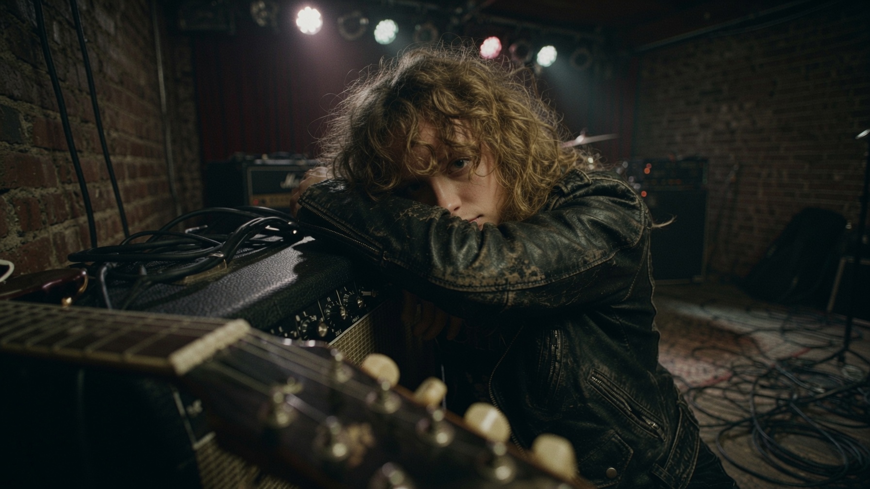 LI BLACK leaning on an amp in a dim venue, stage lights glowing behind cracked leather